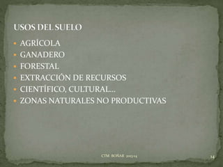  AGRÍCOLA
 GANADERO
 FORESTAL
 EXTRACCIÓN DE RECURSOS
 CIENTÍFICO, CULTURAL…
 ZONAS NATURALES NO PRODUCTIVAS
14CTM BOÑAR 2013-14
 