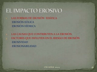 1. LAS FORMAS DE EROSIÓN EDÁFICA
EROSIÓN EÓLICA
EROSIÓN HÍDRICA
2. LAS CAUSAS QUE CONTRIBUYEN A LA EROSIÓN
3. FACTORES QUE INFLUYEN EN EL RIESGO DE EROSIÓN
EROSIVIDAD
EROSIONABILIDAD
18CTM BOÑAR 2013-14
 