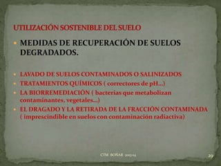  MEDIDAS DE RECUPERACIÓN DE SUELOS
DEGRADADOS.
 LAVADO DE SUELOS CONTAMINADOS O SALINIZADOS
 TRATAMIENTOS QUÍMICOS ( correctores de pH…)
 LA BIORREMEDIACIÓN ( bacterias que metabolizan
contaminantes, vegetales…)
 EL DRAGADO Y LA RETIRADA DE LA FRACCIÓN CONTAMINADA
( imprescindible en suelos con contaminación radiactiva)
29CTM BOÑAR 2013-14
 