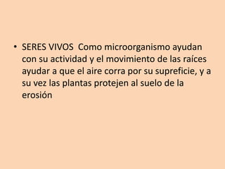 • SERES VIVOS Como microorganismo ayudan
con su actividad y el movimiento de las raíces
ayudar a que el aire corra por su supreficie, y a
su vez las plantas protejen al suelo de la
erosión
 