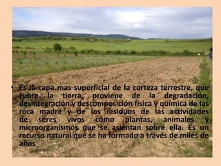 • Es la capa mas superficial de la corteza terrestre, que
cubre la tierra, proviene de la degradación,
desintegración y descomposición física y química de las
roca madre y de los residuos de las actividades
de seres vivos como plantas, animales y
microorganismos que se asientan sobre ella. Es un
recurso natural que se ha formado a través de miles de
años
 