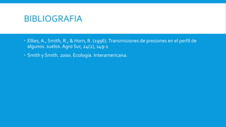 BIBLIOGRAFIA
 Ellies, A., Smith, R., & Horn, R. (1996).Transmisiones de presiones en el perfil de
algunos. suelos. Agro Sur, 24(2), 149-1
 Smith y Smith. 2000. Ecología. Interamericana.
 