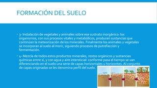 FORMACIÓN DEL SUELO
 3- Instalación de vegetales y animales sobre ese sustrato inorgánico: los
organismos, con sus procesos vitales y metabólicos, producen sustancias que
continúan la meteorización de los minerales. Finalmente los animales y vegetales
se incorporan al suelo al morir, siguiendo procesos de putrefacción y
fermentación.
 4- Mezcla de todos estos productos minerales, restos orgánicos y sustancias
químicas entre sí, y con agua y aire intersticial: conforme pasa el tiempo se van
diferenciando en el suelo una serie de capas horizontales u horizontes. Al conjunto
de capas originadas se les denomina perfil del suelo.
 