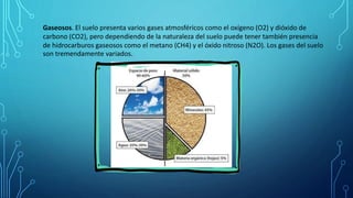 Gaseosos. El suelo presenta varios gases atmosféricos como el oxígeno (O2) y dióxido de
carbono (CO2), pero dependiendo de la naturaleza del suelo puede tener también presencia
de hidrocarburos gaseosos como el metano (CH4) y el óxido nitroso (N2O). Los gases del suelo
son tremendamente variados.
 