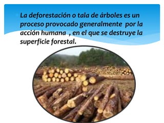  La deforestación o tala de árboles es un
proceso provocado generalmente por la
acción humana , en el que se destruye la
superficie forestal.
 