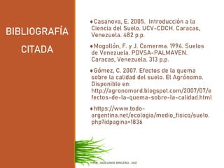 BIBLIOGRAFÍA
CITADA
Casanova, E. 2005. Introducción a la
Ciencia del Suelo. UCV-CDCH. Caracas,
Venezuela. 482 p.p.
Mogollón, F. y J. Comerma. 1994. Suelos
de Venezuela. PDVSA-PALMAVEN.
Caracas, Venezuela. 313 p.p.
Gómez, C. 2007. Efectos de la quema
sobre la calidad del suelo. El Agrónomo.
Disponible en:
http://agronomord.blogspot.com/2007/07/e
fectos-de-la-quema-sobre-la-calidad.html
https://www.todo-
argentina.net/ecologia/medio_fisico/suelo.
php?idpagina=1836
PROF. GIOCONDA BRICEÑO . 2021
 
