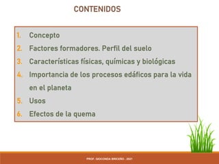 1. Concepto
2. Factores formadores. Perfil del suelo
3. Características físicas, químicas y biológicas
4. Importancia de los procesos edáficos para la vida
en el planeta
5. Usos
6. Efectos de la quema
CONTENIDOS
PROF. GIOCONDA BRICEÑO . 2021
 