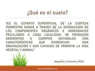 ¿Qué es el suelo?
“ES EL ESTRATO SUPERFICIAL DE LA CORTEZA
TERRESTRE DONDE A TRAVÉS DE LA INTERACCIÓN DE
LOS COMPONENTES ORGÁNICOS E INORGÁNICOS
PECULIARES A CADA LOCALIDAD, SE PRODUCEN
SEGMENTOS O CUERPOS NATURALES CON
CARACTERÍSTICAS QUE EVIDENCIAN UNA
ORGANIZACIÓN Y SON CAPACES DE PERMITIR LA VIDA
VEGETAL Y ANIMAL”
Mogollón y Comerma (1994)
PROF. GIOCONDA BRICEÑO . 2021
 