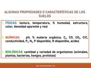 1. FÍSICAS: textura, temperatura, % humedad, estructura,
color, densidad aparente y real
2. QUÍMICAS: pH, % materia orgánica, Ct, CO, COt, CIC,
conductividad, Pt, Nt, P disponible, N disponible, acidez
1. BIOLÓGICAS: cantidad y variedad de organismos (animales,
plantas, bacterias, hongos, protistas)
ALGUNAS PROPIEDADES O CARACTERÍSTICAS DE LOS
SUELOS
PROF. GIOCONDA BRICEÑO . 2021
 