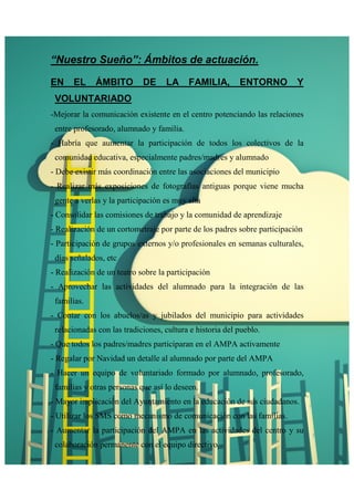 “Nuestro Sueño”: Ámbitos de actuación. 
EN EL ÁMBITO DE LA FAMILIA, ENTORNO Y 
VOLUNTARIADO 
-Mejorar la comunicación existente en el centro potenciando las relaciones 
entre profesorado, alumnado y familia. 
- Habría que aumentar la participación de todos los colectivos de la 
comunidad educativa, especialmente padres/madres y alumnado 
- Debe existir más coordinación entre las asociaciones del municipio 
- Realizar más exposiciones de fotografías antiguas porque viene mucha 
gente a verlas y la participación es muy alta 
- Consolidar las comisiones de trabajo y la comunidad de aprendizaje 
- Realización de un cortometraje por parte de los padres sobre participación 
- Participación de grupos externos y/o profesionales en semanas culturales, 
días señalados, etc 
- Realización de un teatro sobre la participación 
- Aprovechar las actividades del alumnado para la integración de las 
familias. 
- Contar con los abuelos/as y jubilados del municipio para actividades 
relacionadas con las tradiciones, cultura e historia del pueblo. 
- Que todos los padres/madres participaran en el AMPA activamente 
- Regalar por Navidad un detalle al alumnado por parte del AMPA 
- Hacer un equipo de voluntariado formado por alumnado, profesorado, 
familias y otras personas que así lo deseen. 
- Mayor implicación del Ayuntamiento en la educación de sus ciudadanos. 
- Utilizar los SMS como mecanismo de comunicación con las familias. 
- Aumentar la participación del AMPA en las actividades del centro y su 
colaboración permanente con el equipo directivo 
 