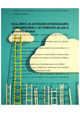- Colaborar con hermandades, asociaciones, etc del pueblo para realizar 
actividades conjuntas 
EN EL ÁMBITO DE ACTIVIDADES EXTRAESCOLARES, 
COMPLEMENTARIAS Y DE FORMACIÓN (de toda la 
comunidad educativa) 
-Potenciar la oferta de actividades complementarias para los alumnos: 
excursiones… 
-Potenciar la oferta de actividades extracurriculares para los alumnos: 
talleres de teatro… 
- Aumento de la participación de los padres-madres en las excursiones y en 
otras actividades del centro 
- Intento de que las excursiones cuesten lo menos posible. Gestionar desde 
el centro el autobús y las entradas a los lugares con instituciones públicas 
para que salgan gratis. 
- Fomentar actividades deportivas en el municipio que no sea el fútbol 
- Conocer cuáles son y a qué se dedican las asociaciones del municipio 
fomentando la participación del alumnado en ellas. 
- Formar al profesorado en las nuevas tendencias educativas y en 
informática (uso de la pizarra digital y de aplicaciones informáticas 
educativas). 
- Fomentar las excursiones que incluyan la visita a los principales 
monumentos de otras provincias. 
- Charlas del cuerpo de policía sobre problemas actuales de la sociedad y 
otras relacionadas con los temas de alcohol, internet, ciberacoso, etc. 
- Organizar concursos (literarios, de pintura, etc) abiertos a toda la 
comunidad 
 