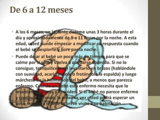 De 6 a 12 meses

• A los 6 meses, un lactante duerme unas 3 horas durante el
  día y aproximadamente de 9 a 11 horas por la noche. A esta
  edad, usted puede empezar a modificar su respuesta cuando
  el bebé se despierte y llore por la noche.
• Puede dejar al bebé un poco más de tiempo para que se
  calme por sí solo y vuelva a quedarse dormido. Si no lo
  consigue, tranquilícelo sin levantarlo en brazos (hablándole
  con suavidad, acariciándole o frotándole la espalda) y luego
  márchese de la habitación del bebé, a menos que parezca
  enfermo. Cuando un bebé está enfermo necesita que lo
  levanten en brazos y lo cuiden. Si el bebé no parece enfermo
  y continúa llorando, la próxima vez usted podrá esperar un
  poco más para repetir la breve visita a su habitación.
 