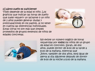 ¿Cuánto sueño es suficiente?
Todo depende de la edad el niño. Los
gráficos que indican las horas de sueño
que suele requerir un lactante o un niño
de 2 años pueden generar dudas y
preocupaciones en los padres, al no tener
en cuenta las diferencias individuales.
Estas cifras no son más que simples
promedios de grupos extensos de niños de
edades concretas.

                               No existe un número mágico de horas
                               requeridas por todos los niños de un grupo
                               de edad en concreto. Sarah, de dos
                               años, puede dormir de 8:00 de la tarde a
                               8:00 de la mañana, mientras que
                               Johny, también de dos años, está igual de
                               alerta al día siguiente después de dormir
                               de 9:00 de la noche a 6:00 de la mañana.
 