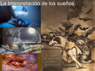 A efectos prácticos, la conciencia
se refiere a la capacidad que nos
indica qué está bien o mal.
Estas valoraciones del instante
que acontece, permiten al
individuo percibirse a sí mismo
como alguien capaz de modificar
su entorno o por el contrario como
alguien sujeto a unas
restricciones que le superan.
La conciencia presenta algunas
propiedades claramente
diferenciadas: dinamismo, unidad
o totalidad, subjetividad,
intencionalidad y conocimiento
certero.
DEFINICIÓN TÉCNICA
La red no neural forma enlaces
especializados ante el estimulo
del medio, conformando una
realidad presente para el
individuo, tanto interior como
exterior, y de unas valorizaciones
asociadas a los elementos
constitutivos de esa realidad. La
capacidad de entender el papel
que jugamos en dicho presente,
nos permitirá adoptar un papel
en dicha dinámica; ello conforma
lo que se denomina conciencia.
La Interpretación de los sueños
La Conciencia
 