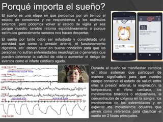 Porqué dormimos?
Existen muchas teorías sobre la finalidad del sueño:
Consolidación de la energía:
El gasto energético originado durante el
día ha de ser recuperado durante el
periodo de reposo (sueño recupera
glucógeno) cuando el organismo
presenta una disminución en el consumo
de O2, una disminución de tono muscular.
Reparadora y protectora
El organismo debe de ser rehabilitado de los
esfuerzos realizados durante el día. Además ha
de ser capaz de limpiar los circuitos neuronales
para prevenir los desgastes durante el día.
 