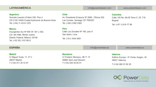 LATINOAMÉRICA

info@powerdataam.com

Argentina
Avenida Leandro N Alem 530, Piso 4
CD C100 1AAN Ciudad Autónoma de Buenos Aires
Tel: (+54) 11 4314 1370

Chile
Av. Presidente Errázuriz Nº 2999 - Oficina 202
Las Condes, Santiago CP 7550357
Tel: (+56) 2 892 0362

México
Insurgentes Sur Nº 600 Of. 301 y 302,
Col. del Valle, Benito Juarez
Distrito Federal, México, 03100
Tel: (+52 55) 1107-0812

www.powerdataam.com

Perú
Calle Los Zorzales Nº 160, piso 9
San Isidro, Lima

Tel: (+57 1) 616 77 96

Tel: (+51) 1634 4901

ESPAÑA
Madrid
C/ Miguel Yuste, 17, 4º C
28037 Madrid
T (+34) 911 29 72 97

Colombia
Calle 100 No. 8A-55 Torre C. Of. 718
Bogotá

info@powerdata.es
Barcelona
C/ Frederic Mompou, 4B 1º, 3º
08960 Sant Just Desvern
T (+34) 934 45 60 01

www.powerdata.es
Valencia
Edificio Europa - 5º I Avda, Aragón, 30
46021 Valencia
T (+34) 960 91 60 25

 