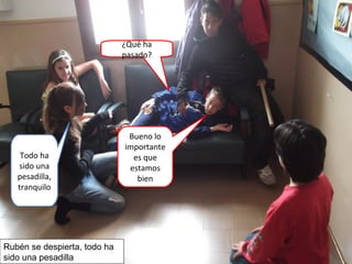 ¿Qué ha
pasado?
Todo ha
sido una
pesadilla,
tranquilo
Bueno lo
importante
es que
estamos
bien
Rubén se despierta, todo ha
sido una pesadilla
 
