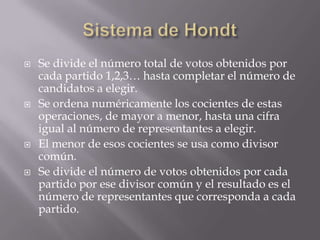 Sistema de HondtSe divide el número total de votos obtenidos por cada partido 1,2,3… hasta completar el número de candidatos a elegir.Se ordena numéricamente los cocientes de estas operaciones, de mayor a menor, hasta una cifra igual al número de representantes a elegir.El menor de esos cocientes se usa como divisor común.Se divide el número de votos obtenidos por cada partido por ese divisor común y el resultado es el número de representantes que corresponda a cada partido.