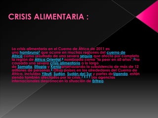 La crisis alimentaria en el Cuerno de África de 2011 es
una hambruna3 que ocurre en muchas regiones del cuerno de
África como resultado de una severa sequía que afecta por completo
la región de África Oriental,4 nombrada como "la peor en 60 años",5ha
causado una severa crisis alimentaria a lo largo
de Somalia, Etiopía y Keniaamenazando la subsistencia de más de 12
millones de personas.6 Otros países en los alrededores del Cuerno de
África, incluidos Yibuti, Sudán, Sudán del Sur y partes deUganda, están
siendo también afectados por la crisis.7 8 5 9 Las agencias
internacionales desconocen la situación de Eritrea.
 