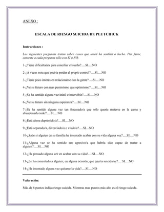 ANEXO :


         ESCALA DE RIESGO SUICIDA DE PLUTCHICK


Instrucciones :

Las siguientes preguntas tratan sobre cosas que usted ha sentido o hecho. Por favor,
conteste a cada pregunta sólo con SI o NO.

1-¿Tiene dificultades para conciliar el sueño?.....SI.....NO

2-¿A veces nota que podría perder el propio control?.....SI.....NO

3-¿Tiene poco interés en relacionarse con la gente?.....SI.....NO

4-¿Vé su futuro con mas pesimismo que optimismo?.....SI.....NO

5-¿Se ha sentido alguna vez inútil e inservible?.....SI.....NO

6-¿Vé su futuro sin ninguna esperanza?.....SI.....NO

7-¿Se ha sentido alguna vez tan fracasado/a que sólo quería meterse en la cama y
abandonarlo todo?.....SI.....NO

8-¿Está ahora deprimido/a?.....SI.....NO

9-¿Está separado/a, divorciado/a o viudo/a?.....SI....NO

10-¿Sabe si alguien de su familia ha intentado acabar con su vida alguna vez?.....SI.....NO

11-¿Alguna vez se ha sentido tan agresivo/a que habría sido capaz de matar a
alguien?.....SI.....NO

12-¿Ha pensado alguna vez en acabar con su vida?.....SI.....NO

13-¿Le ha comentado a alguien, en alguna ocasión, que quería suicidarse?.....SI.....NO

14-¿Ha intentado alguna vez quitarse la vida?.....SI.....NO


Valoración:

Más de 6 puntos indica riesgo suicida. Mientras mas puntos más alto es el riesgo suicida.
 
