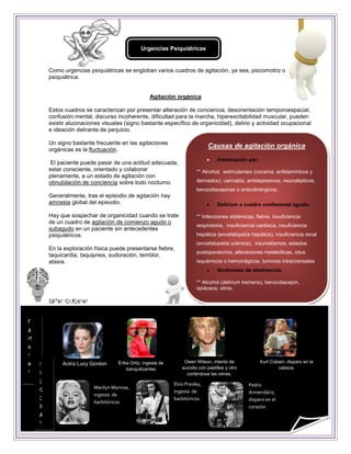 Urgencias Psiquiátricas


        Como urgencias psiquiátricas se engloban varios cuadros de agitación, ya sea, psicomotriz o
        psiquiátrica.


                                                    Agitación orgánica

        Estos cuadros se caracterizan por presentar alteración de conciencia, desorientación temporoespacial,
        confusión mental, discurso incoherente, dificultad para la marcha, hiperexcitabilidad muscular, pueden
        existir alucinaciones visuales (signo bastante específico de organicidad), delirio y actividad ocupacional
        e ideación delirante de perjuicio.

        Un signo bastante frecuente en las agitaciones
                                                                               Causas de agitación orgánica
        orgánicas es la fluctuación.
                                                                                   Intoxicación por:
        El paciente puede pasar de una actitud adecuada,
        estar consciente, orientado y colaborar                          ** Alcohol, estimulantes (cocaína, anfetamínicos y
        plenamente, a un estado de agitación con
        obnubilación de conciencia sobre todo nocturno.                  derivados), cannabis, antidepresivos, neurolépticos,
                                                                         benzodiacepinas o anticolinérgicos.
        Generalmente, tras el episodio de agitación hay
        amnesia global del episodio.                                               Delirium o cuadro confesional agudo:

        Hay que sospechar de organicidad cuando se trate                 ** Infecciones sistémicas, fiebre, insuficiencia
        de un cuadro de agitación de comienzo agudo o
                                                                         respiratoria, insuficiencia cardiaca, insuficiencia
        subagudo en un paciente sin antecedentes
        psiquiátricos.                                                   hepática (encefalopatía hepática), insuficiencia renal
                                                                         (encefalopatía urémica), traumatismos, estados
        En la exploración física puede presentarse fiebre,
                                                                         postoperatorios, alteraciones metabólicas, ictus
        taquicardia, taquipnea, sudoración, temblor,
        ataxia.                                                          isquémicos o hemorrágicos, tumores intracraneales
                                                                                   Síndromes de abstinencia

                                                                         ** Alcohol (delirium tremens), benzodiacepin,
                                                                         opiáceos, otros.

        DATOS CURIOSOS

F
A
M
O
S
                                                                   Owen Wilson, intento de              Kurt Cobain, disparo en la
O   S        Actriz Lucy Gordon     Érika Ortiz, ingesta de
                                        tranquilizantes           suicidio con pastillas y otro                 cabeza.
S   U                                                               cortándose las venas.
    I                                                         Elvis Presley,
                          Marilyn Monroe,                                                         Pedro
    C                                                         ingesta de                          Armendáriz,
                          ingesta de
    I                                                         barbitúricos                        disparo en el
                          barbitúricos
    D                                                                                             corazón
    A
    S
 