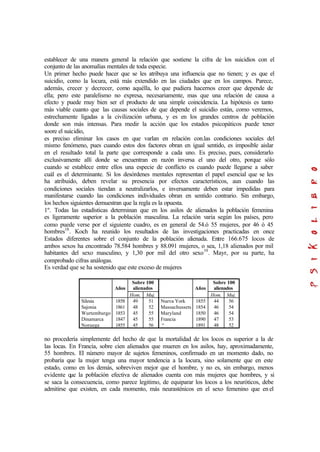 establecer de una manera general la relación que sostiene la cifra de los suicidios con el
conjunto de las anomalías mentales de toda especie.
Un primer hecho puede hacer que se les atribuya una influencia que no tienen; y es que el
suicidio, como la locura, está más extendido en las ciudades que en los campos. Parece,
además, crecer y decrecer, como aquélla, lo que pudiera hacernos creer que depende de
ella; pero este paralelismo no expresa, necesariamente, mas que una relación de causa a
efecto y puede muy bien ser el producto de una simple coincidencia. La hipótesis es tanto
más viable cuanto que las causas sociales de que depende el suicidio están, como veremos,
estrechamente ligadas a la civilización urbana, y es en los grandes centros de población
donde son más intensas. Para medir la acción que los estados psicopáticos puede tener
soore el suicidio,
es preciso eliminar los casos en que varlan en relación con.las condiciones sociales del
mismo fenómeno, pues cuando estos dos factores obran en igual sentido, es imposible aislar
en el resultado total la parte que corresponde a cada uno. Es preciso, pues, considerarlo
exclusivamente allí donde se encuentran en razón inversa el uno del otro, porque sólo
cuando se establece entre ellos una especie de conflicto es cuando puede llegarse a saber
cuál es el determinante. Si los desórdenes mentales representan el papel esencial que se les
ha atribuido, deben revelar su presencia por efectos característicos, aun cuando las
condiciones sociales tiendan a neutralizarlos, e inversamente deben estar impedidas para
manifestarse cuando las condiciones individuales obran en sentido contrario. Sin embargo,
los hechos siguientes demuestran que la regla es la opuesta.
1º. Todas las estadísticas determinan que en los asilos de alienados la población femenina
es ligeramente superior a la población masculina. La relación varia según los países, pero
como puede verse por el siguiente cuadro, es en general de 54.ó 55 mujeres, por 46 ó 45
hombres18
. Koch ha reunido los resultados de las investigaciones practicadas en once
Estados diferentes sobre el conjunto de la población alienada. Entre 166.675 locos de
ambos sexos ha encontrado 78.584 hombres y 88.091 mujeres, o sea, 1,18 alienados por mil
habitantes del sexo masculino, y 1,30 por mil del otro sexo19
. Mayr, por su parte, ha
comprobado cifras análogas.
Es verdad que se ha sostenido que este exceso de mujeres
Sobre 100
alienados
Sobre 100
alienadosAños
Hom. Muj.
Años
Hom. Muj.
Silesia
Sajonia
Wurtemburgo
Dinamarca
Noruega
1858
1861
1853
1847
1855
49
48
45
45
45
51
52
55
55
56
Nueva York
Massachussets
Maryland
Francia
“
1855
1854
1850
1890
1891
44
46
46
47
48
56
54
54
53
52
no procedería simplemente del hecho de que la mortalidad de los locos es superior a la de
las locas. En Francia, sobre cien alienados que mueren en los asilos, hay, aproximadamente,
55 hombres. El número mayor de sujetos femeninos, confirmado en un momento dado, no
probaría que la mujer tenga una mayor tendencia a la locura, sino solamente que en este
estado, como en los demás, sobreviven mejor que el hombre, y no es, sin embargo, menos
evidente que la población efectiva de alienados cuenta con más mujeres que hombres, y si
se saca la consecuencia, como parece legitimo, de equiparar los locos a los neuróticos, debe
admitirse que existen, en cada momento, más neurasténicos en el sexo femenino que en el
 