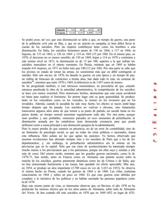 Sajonia 710 657 653 687
Francia 5.114 4.157 4.490 5.275
Se podrá creer, tal vez, que esta disminución se debe a que, en tiempo de guerra, una parte
de la población civil está en filas, y que en un ejército en campaña, es bien difícil llevar la
cuenta de los suicidios. Pero las mujeres contribuyen tanto como los hombres a esta
disminución. En Italia, los suicidios femeninos pasan de 130 en 1864, a 117 en 1866; en
Sajonia, de 133 en 1863, a 120 en 1864 y 114 en 1865 (15 por 100). En el mismo país, en
1870, el descenso no es menos sensible; de 130 en 1869, bajan a 114 en 1870 y continúan a
este mismo nivel en 1871; la disminución es de 13 por 100, superior a la que sufrían los
suicidios masculinos en el mismo momento. En Prusia, mientras que en 1869 se hablan
matado 616 mujeres, en 1871 no hubo más que 540 (13 por 100). Por otra parte se sabe que
los jóvenes en estado de tomar las armas, no suministran más que un débil contingente al
suicidio. Sólo seis meses, de 1870, ha durado la guerra; en esta época y en tiempo de paz,
un millón de franceses de veinticinco a treinta años, han dado todo lo más, un centenar de
suicidios40
, mientras que entre 1870 y 1869, la diferencia es de 1.057 casos de menos.
Se ha preguntado también, si este retroceso momentáneo, no procedería de que, estando
entonces paralizada la obra de la autoridad administrativa, la comprobación de los suicidios
se hace con menos exactitud. Pero numerosos hechos, demuestran que esta causa accidental
no basta para explicar el fenómeno. En primer lugar está su gran generalidad. Se produce
tanto en los vencedores como en los vencidos, lo mismo en los invasores que en los
invadidos. Además, cuando la sacudida ha sido muy fuerte, los efectos se nacen sentir largo
tiempo después que ha pasado. Los suicidios no vuelven a elevarse, sino lentamente;
transcurren algunos años antes de que tornen a su punto de partida; así sucede hasta en los
países donde, en tiempo normal aumentan regularmente cada año. Por otra parte, aunque
sean posibles y aun probables, omisiones parciales en esos momentos de perturbación, la
disminución acusada por las estadísticas tiene demasiada constancia para que pueda
atribuirse como a causa principal a una distracción pasajera de la administración.
Pero la mejor prueba de que estamos en presencia, no de un error de contabilidad, sino de
un fenómeno de psicología social, es que no todas las crisis políticas o nacionales, tienen
esta influencia. Sólo actúan así las que agitan las pasiones. Ya hemos observado que
nuestras revoluciones han afectado siempre más a los suicidios de París que a los de los
departamentos; y, sin embargo, la perturbación administrativa era la misma en las
provincias que en la capital. Sólo que esa clase de acontecimientos ha interesado siempre
mucho menos a los provincianos que a los parisienses, porque era obra suya y asistían a ella
más de cerca. Del mismo modo, mientras que las grandes guerras nacionales, como la de
1870-71, han tenido, tanto en Francia como en Alemania una potente acción sobre la
marcha de los suicidios, guerras puramente dinásticas como las de Crimea o de Italia, que
no han emocionado fuertemente a las masas, han quedado sin efecto apreciable. Más aun,
en 1854, se produjo un alza importante (3.700 casos en vez de 3.415 en 1853). Se observa
el mismo hecho en Prusia, cuando las guerras de 1864 y de 1866. Las cifras continúan
estacionarias en 1864 y suben un poco en 1866. Es que esas guerras eran debidas por
completo a la iniciativa de los políticos y no habían suscitado las pasiones populares como
la de 1870.
Bajo este mismo punto de vista, es interesante observar que, en Baviera, el año 1870 no ha
producido los mismos efectos que en los otros países de Alemania, sobre todo de Alemania
del Norte. Se han contado allí más suicidios en 1870 que en 1869 (452 en lugar de 425).
 