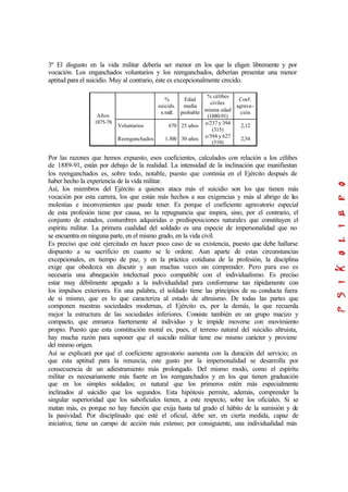 3º El disgusto en la vida militar debería ser menor en los que la eligen libremente y por
vocación. Los enganchados voluntarios y los reenganchados, deberían presentar una menor
aptitud para el suicidio. Muy al contrario, éste es excepcionalmente crecido.
%
suicids.
x mill.
Edad
media
probable
% célibes
civiles
misma edad
(1880-91)
Coef.
agrava-
ción
Años
1875-78
Voluntarios
Reenganchados
670
1.300
25 años
30 años
e/237 y 394
(315)
e/394 y 627
(510)
2,12
2,54
Por las razones que hemos expuesto, esos coeficientes, calculados con relación a los célibes
de 1889-91, están por debajo de la realidad. La intensidad de la inclinación que manifiestan
los reenganchados es, sobre todo, notable, puesto que continúa en el Ejército después de
haber hecho la experiencia de la vida militar.
Así, los miembros del Ejército a quienes ataca más el suicidio son los que tienen más
vocación por esta carrera, los que están más hechos a sus exigencias y más al abrigo de las
molestias e inconvenientes que puede tener. Es porque el coeficiente agravatorio especial
de esta profesión tiene por causa, no la repugnancia que inspira, sino, por el contrario, el
conjunto de estados, costumbres adquiridas o predisposiciones naturales que constituyen el
espíritu militar. La primera cualidad del soldado es una especie de impersonalidad que no
se encuentra en ninguna parte, en el mismo grado, en la vida civil.
Es preciso que esté ejercitado en hacer poco caso de su existencia, puesto que debe hallarse
dispuesto a su sacrificio en cuanto se le ordene. Aun aparte de estas circunstancias
excepcionales, en tiempo de paz, y en la práctica cotidiana de la profesión, la disciplina
exige que obedezca sin discutir y aun muchas veces sin comprender. Pero para eso es
necesaria una abnegación intelectual poco compatible con el individualismo. Es preciso
estar muy débilmente apegado a la individualidad para conformarse tan rápidamente con
los impulsos exteriores. En una palabra, el soldado tiene las principios de su conducta fuera
de sí mismo, que es lo que caracteriza al estado de altruismo. De todas las partes que
componen nuestras sociedades modernas, el Ejército es, por la demás, la que recuerda
mejor la estructura de las sociedades inferiores. Consiste también en un grupo macizo y
compacto, que enmarca fuertemente al individuo y le impide moverse con movimiento
propio. Puesto que esta constitución moral es, pues, el terreno natural del suicidio altruista,
hay mucha razón para suponer que el suicidio militar tiene ese mismo carácter y proviene
del mismo origen.
Así se explicará por qué el coeficiente agravatorio aumenta con la duración del servicio; es
que esta aptitud para la renuncia, este gusto por la impersonalidad se desarrolla por
consecuencia de un adiestramiento más prolongado. Del mismo modo, como el espíritu
militar es necesariamente más fuerte en los reenganchados y en los que tienen graduación
que en los simples soldados; es natural que los primeros estén más especialmente
inclinados al suicidio que los segundos. Esta hipótesis permite, además, comprender la
singular superioridad que los suboficiales tienen, a este respecto, sobre los oficiales. Si se
matan más, es porque no hay función que exija hasta tal grado el hábito de la sumisión y de
la pasividad. Por disciplinado que esté el oficial, debe ser, en cierta medida, capaz de
iniciativa; tiene un campo de acción más extenso; por consiguiente, una individualidad más
 