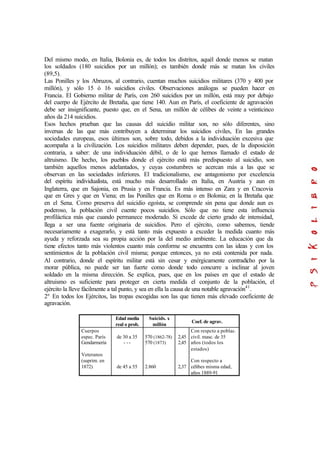 Del mismo modo, en Italia, Bolonia es, de todos los distritos, aquél donde menos se matan
los soldados (180 suicidios por un millón); es también donde más se matan los civiles
(89,5).
Las Ponilles y los Abruzos, al contrario, cuentan muchos suicidios militares (370 y 400 por
millón), y sólo 15 ó 16 suicidios civiles. Observaciones análogas se pueden hacer en
Francia. El Gobierno militar de París, con 260 suicidios por un millón, está muy por debajo
del cuerpo de Ejército de Bretaña, que tiene 140. Aun en París, el coeficiente de agravación
debe ser insignificante, puesto que, en el Sena, un millón de célibes de veinte a veinticinco
años da 214 suicidios.
Esos hechos prueban que las causas del suicidio militar son, no sólo diferentes, sino
inversas de las que más contribuyen a determinar los suicidios civiles, En las grandes
sociedades europeas, esos últimos son, sobre todo, debidos a la individuación excesiva que
acompaña a la civilización. Los suicidios militares deben depender, pues, de la disposición
contraria, a saber: de una individuación débil, o de lo que hemos llamado el estado de
altruismo. De hecho, los pueblos donde el ejército está más predispuesto al suicidio, son
también aquellos menos adelantados, y cuyas costumbres se acercan más a las que se
observan en las sociedades inferiores. El tradicionalismo, ese antagonismo por excelencia
del espíritu individualista, está mucho más desarrollado en Italia, en Austria y aun en
Inglaterra, que en Sajonia, en Prusia y en Francia. Es más intenso en Zara y en Cracovia
que en Gres y que en Viena; en las Ponilles que en Roma o en Bolonia; en la Bretaña que
en el Sena. Como preserva del suicidio egoísta, se comprende sin pena que donde aun es
poderoso, la población civil cuente pocos suicidios. Sólo que no tiene esta influencia
profiláctica más que cuando permanece moderado. Si excede de cierto grado de intensidad,
llega a ser una fuente originaria de suicidios. Pero el ejército, como sabemos, tiende
necesariamente a exagerarlo, y está tanto más expuesto a exceder la medida cuanto más
ayuda y reforzada sea su propia acción por la del medio ambiente. La educación que da
tiene efectos tanto más violentos cuanto más conforme se encuentra con las ideas y con los
sentimientos de la población civil misma; porque entonces, ya no está contenida por nada.
Al contrario, donde el espíritu militar está sin cesar y enérgicamente contradicho por la
morar pública, no puede ser tan fuerte como donde todo concurre a inclinar al joven
soldado en la misma dirección. Se explica, pues, que en los países en que el estado de
altruismo es suficiente para proteger en cierta medida el conjunto de la población, el
ejército la lleve fácilmente a tal punto, y sea en ella la causa de una notable agravación41
.
2º En todos los Ejércitos, las tropas escogidas son las que tienen más elevado coeficiente de
agravación.
Edad media
real o prob.
Suicids. x
millón
Coef. de agrav.
Cuerpos
espec. París
Gendarmería
Veteranos
(suprim. en
1872)
de 30 a 35
- --
de 45 a 55
570 (1862-78)
570 (1873)
2.860
2,45
2,45
2,37
Con respcto a poblac.
civil. masc. de 35
años (todos los
estados)
Con respecto a
célibes misma edad,
años 1889-91
 