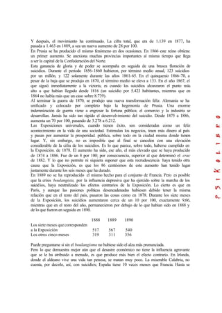 Y después, el movimiento ha continuado. La cifra total, que era de 1.139 en 1877, ha
pasada a 1.463 en 1889, a sea un nueva aumento de 28 por 100.
En Prusia se ha producido el mismo fenómeno en dos ocasiones. En 1866 este reino obtiene
un primer aumento. Se anexiona muchas provincias importantes al misma tiempo que llega
a ser la capital de la Confederación del Norte.
Esta ganancia de gloria y de poder se acompaña en seguida de una brusca floración de
suicidios. Durante el período 1856-1860 hubieron, por término medio anual, 123 suicidios
por un millón, y 122 solamente durante las años 1861-65. En el quinquenio 1866-70, a
pesar de la baja que se produjo en 1870, el término medio se eleva a 133. En el año 1867, el
que siguió inmediatamente a la victoria, es cuando los suicidios alcanzaron el punto más
alto a que habían llegado desde 1816 (un suicidio por 5.423 habitantes, mientras que en
1864 no había más que un caso sobre 8.739).
Al terminar la guerra de 1870, se produjo una nueva transformación feliz. Alemania se ha
unificado y colocado por completo bajo la hegemonía de Prusia. Una enorme
indemnización de guerra viene a engrosar la fortuna pública; el comercio y la industria se
desarrollan. Jamás ha sido tan rápido el desenvolvimiento del suicidio. Desde 1875 a 1886,
aumenta un 70 por 100, pasando de 3.278 a 6.212.
Las Exposiciones universales, cuando tienen éxito, son consideradas como un feliz
acontecimiento en la vida de una sociedad. Estimulan los negocios, traen más dinero al país
y pasan por aumentar la prosperidad. pública, sobre todo en la ciudad misma donde tienen
lugar. Y, sin embargo, no es imposible que al final se cancelen con una elevación
considerable de la cifra de los suicidios. Es lo que parece, sobre todo, haberse cumplido en
la Exposición. de 1878. El aumento ha sido, ese año, el más elevado que se haya producido
de 1874 a 1886. Fue de un 8 por 100; por consecuencia, superior al que determinó el crac
de 1882. Y lo que no permite ni siquiera suponer que esta recrudescencia haya tenido otra
causa que la Exposición, es que los 86 centésimos de este aumento han tenido lugar
justamente durante los seis meses que ha durado.
En 1889 no se ha reproducido el mismo hecho para el conjunto de Francia. Pero es posible
que la crisis boulangista, por la influencia depresiva que ha ejercido sobre la marcha de los
suicidios, haya neutralizado los efectos contrarios de la Exposición. Lo cierto es que en
París, y aunque las pasiones políticas desencadenadas hubiesen debido tener la misma
relación que en el resto del país, pasaron las cosas como en 1878. Durante los siete meses
de la Exposición, los suicidios aumentaron cerca de un 10 por 100, exactamente 9,66,
mientras que en el resto del año, permanecieron por debajo de lo que habían sido en 1888 y
de lo que fueron en seguida en 1890.
1888 1889 1890
Los siete meses quecorresponden
a la Exposición 517 567 540
Los otros cinco meses 319 311 356
Puede preguntarse si sin el boulangismo no hubiese sido el alza más pronunciada.
Pero lo que demuestra mejor aún que el desastre económico no tiene la influencia agravante
que se le ha atribuido a menudo, es que produce más bien el efecto contrario. En Irlanda,
donde el aldeano vive una vida tan penosa, se matan muy poco. La miserable Calabria, no
cuenta, por decirlo, así, con suicidios; España tiene 10 veces menos que Francia. Hasta se
 