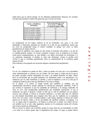 puede decir que la miseria protege. En los diferentes departamentos franceses, los suicidios
son tanto más numeroso, cuanto más gentes hay que viven de sus rentas.
Suicids. x 100.000 hab.
(1878-1887)
Prom. de personas que viven
de sus rentas x 1.000 hab.
en c/grupo de deptos. (1886)
De 48 a 43 suicids, 5 deptos. 127
De 38 a 31 suicids. 6 deptos. 73
De 30 a 24 suicids. 6 deptos. 69
De 23 a 18 suicids. 15 deptos. 59
De 17 a 13 suicids. 18 deptos. 49
De 12 a 8suicids. 26 deptos. 49
De 7 a 3 suicids. 10 deptos. 42
La comparación de los mapas confirma la de los promedios. Así, pues, si las crisis
industriales o financieras aumentan los suicidios, no es por no que empobrecen, puesto que
las crisis de prosperidad tienen el mismo resultado; es porque son crisis, es decir,
perturbaciones de orden colectivo7
.
Toda rotura de equilibrio, aun cuando de ella resulte un bienestar más grande y un alza de
la vitalidad general, empuja a la muerte voluntaria. Cuantas veces se producen en el cuerpo
social graves reorganizaciones, ya sean debidas a un súbito movimiento de crecimiento o a
un cataclismo inesperado, el hombre se mata más fácilmente. ¿Cómo es posible esto?
¿Cómo lo que se considera generalmente como un mejoramiento de la existencia puede
separar de ella?
Para contestar a esta pregunta son necesarias algunas consideraciones prejudiciales.
II
Un ser vivo cualquiera no puede ser feliz, y hasta no puede vivir más que si sus necesidades
están suficientemente en relación con sus medios. De otro modo, si exigen más de lo que se
les puede conceder, estarán contrariadas sin cesar y no podrán funcionar sin dolor. Ahora
bien: un movimiento que no puede producirse sin sufrimiento tiende a no reproducirse. Las
tendencias que no están satisfechas se atrofian, y como la tendencia a vivir no es más que el
resultado de todas las otras, tiene que debilitarse si las otras se aflojan.
En el animal, a lo menos en estado normal, este equilibrio se establece con una
espontaneidad automática, porque depende de condiciones puramente materiales. Todo lo
que reclama el organismo es que las cantidades de substancia y de energía, empleados sin
cesar en vivir, sean reemplazadas periódicamente por cantidades equivalentes: es que la
reparación sea igual al desgaste. Cuando el vado que la vida ha ahondado con sus propios
recursos está colmado, el animal se encuentra satisfecho y no pide nada más. Su reflexión
no está bastante desarrollada para imaginar otros fines que los implícitos en su naturaleza
física. Por otra parte, como el trabajo pedido a cada órgano depende el mismo del estado
general de las fuerzas vitales y de las necesidades del equilibrio orgánico, el desgaste, a su
vez, se regula sobre la reparación, y la balanza se realiza por sí misma. Los límites del uno
son también los de la otra: están igualmente inscritos en la constitución misma del viviente,
que no tiene medios de sobrepasarlos.
Pero no ocurre lo mismo con el hombre, porque la mayor parte de sus necesidades no están,
o no están en el mismo grado, bajo la dependencia del cuerpo. En rigor, se puede todavía
 