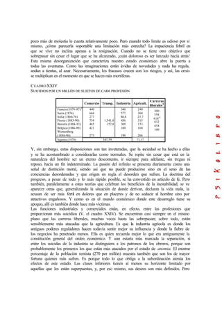 poco más de molestia le cuesta relativamente poco. Pero cuando todo límite es odioso por sí
mismo, ¿cómo parecerla soportable una limitación más estrecha? La impaciencia febril en
que se vive no inclina apenas a la resignación. Cuando no se tiene otro objetivo que
sobrepasar sin cesar el lugar que se ha alcanzado, ¡cuán doloroso es ser lanzado hacia atrás!
Esta misma desorganización que caracteriza nuestro estado económico abre la puerta a
todas las aventuras. Como las imaginaciones están ávidas de novedades y nada las regula,
andan a tientas, al azar. Necesariamente, los fracasos crecen con los riesgos, y así, las crisis
se multiplican en el momento en que se hacen más mortíferas.
CUADROXXIV
SUICIDIOS POR UN MILLÓN DE SUJETOS DE CADA PROFESIÓN
Comercio Transp. Industria Agricult.
Carreras
liberales9
Francia (1879-87)10
Suiza (1876)
Italia (1866-76)
Prusia (1883-90)
Baviera (1884-91)
Bélgica (1884-90)
Wurtemberg
(1886-90)
440
664
277
754
465
421
273
1.541,0
152,6
340
577
80,4
456
369
160
190
240
304
23,7
315
153
160
206
300
558
61811
832
454
100
Sajonia (1878) 341,59 71,17
Y, sin embargo, estas disposiciones son tan inveteradas, que la sociedad se ha hecho a ellas
y se ha acostumbrado a considerarlas como normales. Se repite sin cesar que está en la
naturaleza del hombre ser un eterno descontento, ir siempre para adelante, sin tregua ni
reposo, hacia un fin indeterminado. La pasión del infinito se presenta diariamente como una
señal de distinción moral, siendo así que no puede producirse sino en el seno de las
conciencias desordenadas y que erigen en regla el desorden que sufren. La doctrina del
progreso, a pesar de todo y lo más rápido posible, se ha convertido en artículo de fe. Pero
también, paralelamente a estas teorías que celebran los beneficios de la inestabilidad, se ve
aparecer otras que, generalizando la situación de donde derivan, declaran la vida mala, la
acusan de ser más fértil en dolores que en placeres y de no seducir al hombre sino por
atractivos engañosos. Y como es en el mundo económico donde este desarreglo tiene su
apogeo, allí es también donde hace más victimas.
Las funciones industriales y comerciales están, en efecto, entre las profesiones que
proporcionan más suicidios (V. el cuadro XXIV). Se encuentran casi siempre en el mismo
plano que las carreras liberales, muchas veces hasta las sobrepasan; sobre todo, están
sensiblemente más atacadas que la agricultura. Es que la industria agrícola es donde los
antiguos poderes reguladores hacen todavía sentir mejor su influencia y donde la fiebre de
los negocios ha penetrado menos. Ella es quien recuerda mejor lo que era antiguamente la
constitución general del orden económico. Y aun estaría más marcada la separación, si
entre los suicidas de la industria se distinguiera a los patronos de los obreros, porque son
probablemente los primeros los que están más atacados por el estado de anomia. El enorme
porcentaje de la población rentista (270 por millón) muestra también que son los de mayor
fortuna quienes más sufren. Es porque todo lo que obliga a la subordinación atenúa los
efectos de este estado. Las clases inferiores tienen al menos su horizonte limitado por
aquellas que les están superpuestas, y, por eso mismo, sus deseos son más definidos. Pero
 