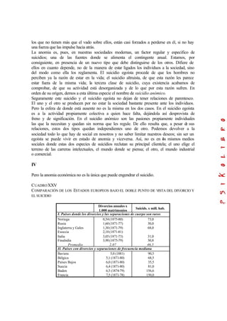 los que no tienen más que el vado sobre ellos, están casi forzados a perderse en él, si no hay
una fuerza que las impulse hacia atrás.
La anomia es, pues, en nuestras sociedades modernas, un factor regular y especifico de
suicidios; una de las fuentes donde se alimenta el contingente anual. Estamos, por
consiguiente, en presencia de un nuevo tipo que debe distinguirse de los otros. Difiere de
ellos en cuanto depende, no de la manera de estar ligados los individuos a la sociedad, sino
del modo como ella los reglamenta. El suicidio egoísta procede de que los hombres no
perciben ya la razón de estar en la vida; el suicidio altruista, de que esta razón les parece
estar fuera de la misma vida; la tercera clase de suicidio, cuya existencia acabamos de
comprobar, de que su actividad está desorganizada y de lo que por esta razón sufren. En
orden de su origen, demos a esta última especie el nombre de suicidio anómico.
Seguramente este suicidio y el suicidio egoísta no dejan de tener relaciones de parentesco.
El uno y el otro se producen por no estar la sociedad bastante presente ante los individuos.
Pero la esfera de donde está ausente no es la misma en los dos casos. En el suicidio egoísta
es a la actividad propiamente colectiva a quien hace falta, dejándola así desprovista de
freno y de significación. En el suicidio anómico son las pasiones propiamente individuales
las que la necesitan y quedan sin norma que les regule. De ello resulta que, a pesar de sus
relaciones, estos dos tipos quedan independientes uno de otro. Podemos devolver a la
sociedad todo lo que hay de social en nosotros y no saber limitar nuestros deseos; sin ser un
egoísta se puede vivir en estado de anomia y viceversa. Así, no es en los mismos medios
sociales donde estas dos especies de suicidios reclutan su principal clientela; el uno elige el
terreno de las carreras intelectuales, el mundo donde se piensa; el otro, el mundo industrial
o comercial.
IV
Pero la anomia económica no es la única que puede engendrar el suicidio.
CUADROXXV
COMPARACIÓN DE LOS ESTADOS EUROPEOS BAJO EL DOBLE PUNTO DE VISTA DEL DIVORCIO Y
EL SUICIDIO
Divorcios anuales x
1.000 matrimonios
Suicids. x mill. hab.
I. Países donde los divorcios y las separaciones de cuerpo son raros
Noriega
Rusia
Inglaterra y Gales
Esoccia
Italia
Finalndia
Promedio
0,54(1875-80)
1,60(1871-77)
1,30(1871-79)
2,10(1871-81)
3,05(1871-73)
3,90(1875-79)
2,07
73,0
30,0
68,0
31,0
30,8
46,5
II. Países con divorcios y separaciones de frecuencia mediana
Baviera
Bélgica
Países Bajos
Suecia
Baden
Francia
5,0 (1881)
5,1 (1871-80)
6,0 (1871-80)
6,4 (1871-80)
6,5 (1874-79)
7,5 (1871-78)
90,5
68,5
35,5
81,0
156,6
150,0
 