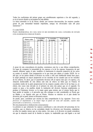 Todos los coeficientes del primer grupo son sensiblemente superiores a los del segundo, y
es en el tercero donde se encuentran los más débiles.
La única anomalía es la de Hesse, donde, por razones desconocidas, las mujeres casadas
gozan de una inmunidad bastante importante, aunque los divorciados sean allí poco
numerosos16
.
CUADROXXIX
PARTE PROPORCIONAL DE CADA SEXO EN LOS SUICIDIOS DE CADA CATEGORÍA DE ESTADO
CIVIL EN DIFERENTES PAÍSESDE EUROPA
Países y años
% s/suicidios
de célibes
% s/suicidios
de casados
Exced. medio
por país
Italia 1871
Italia 1872
Italia 1873
Italia 1874-88
Francia 1863-88
Francia 1863-66
Francia 1888-91
Baden 1869-73
Baden 1885-93
Prusia 1873-75
Prusia 1887-89
Sajonia 1866-70
Sajonia 1879-90
87
82
86
85
84
84
81
84
84
78
77
77
80
13
18
14
15
16
16
19
16
16
22
23
23
22
79
78
79
79
78
79
81
85
85
83
83
84
86
21
55
21
21
22
21
19
15
15
17
17
16
14
6,2
3,6
1
5
7
A pesar de esta concordancia de pruebas, sometamos esta ley a una última comprobación.
En lugar de comparar la inmunidad de los esposos a la de las esposas, busquemos de qué
manera, diferente según el país, modifica el matrimonia la situación respectiva de los sexos
en cuanto al suicidio. Esta comparación es la que tiene por objeto el cuadro XXIX. Se ve
allí que, en los países donde el divorcio no existe o sólo está establecido desde hace poco,
la mujer participa en mayor proporción en los suicidios de los casados que en los suicidios
de los solteros. Es decir, que el casamiento favorece allí al esposo más que a la esposa, y la
situación desfavorable de esta última está más de relieve en Italia que en Francia. El
excedente medio de la parte proporcional de las mujeres casadas sobre la de las hijas es, en
efecto, dos veces más elevado en el primero de estos dos países que en el segundo. En
cuanto se pasa a los pueblos donde la institución del divorcio funciona ampliamente, se
produce el fenómeno inverso: es la mujer quien gana terreno, por el mismo hecho que lo
hace perder al marido; y el provecho que ella consigue es más considerable en Prusia que
en Badén, y en Sajonia más que en Prusia. Alcanza su máximo en el país donde los
divorcios, por su parte, tienen su frecuencia mayor.
Se puede, pues, considerar por encima de toda comprobación la ley siguiente: Tanto más
favorece el matrimonio a la mujer bajo el punto de vista del suicidio, cuanto más
practicado es el divorcio, y viceversa.
De esta proposición se deducen dos consecuencias:
La primera es que solamente los esposos contribuyen a esta elevación del porcentaje de los
suicidios, que se observa en las sociedades donde los divorcios son frecuentes, matándose
en ellas los casados menos que en otras partes. Así, pues, si el divorcio no puede extenderse
sin que la situación moral de la familia se mejore, es inadmisible que está ligado a un mal
 