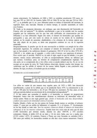 menos estacionario. En Inglaterra, de 1860 a 1865, se contaban anualmente 359 casos, no
hay más 392 en 1881-85; en Austria, había 528 en 1866-70, no hay más que 510 en 1881-
8553
; y es probable que si, en esos diferentes países se aislase el homicidio del asesinato, la
regresión fuera más marcada. Durante el mismo tiempo, el suicidio aumentaba en todos
esos Estados.
M. Tarde se ha propuesto demostrar, sin embargo, que esta disminución del homicidio en
Francia, sólo era aparente54
. Se debería, sencillamente, a que se ha omitido unir los asuntos
juzgados por las audiencias con los que han sido calificados sin consecuencias por los
tribunales o se han sobreseído. Según este autor, el número de homicidios que quedan no
perseguidos y que, por esta razón no entran en cuenta en los totales de la estadística
judicial, no ha cesado de aumentar; añadiéndolos a los crímenes de la misma especie que
han sido objeto de un juicio, se daría una progresión continua en vez de la regresión
enunciada.
Desgraciadamente, la prueba que da de esta aseveración es debida a un arreglo de las cifras
demasiado ingenioso. Se contenta con comparar el número de homicidios y de asesinatos
que no han pasado a las audiencias durante el quinquenio 1861-65 al de los años 1876-80 y
1880-85, y de señalar que el segundo, y sobre todo el tercero, son superiores al primero.
Pero ocurre que el período 1860-65 es, en todo el siglo, aquel en que ha habido, y en gran
número, menos causas sobreseídas; su cifra es excepcionalmente ínfima, no sabemos por
qué razones. Constituye, pues, un término de comparación completamente impropio. Por
otra parte, no es comparando dos o tres cifras como se puede deducir una ley. Si, en vez de
escoger así un punto de mira, M. Tarde hubiese observado, durante mucho más tiempo, las
variaciones que ha sufrido el número de las causas, habría llegado a una conclusión muy
distinta. He aquí, en efecto, el resultado que da ese trabajo:
NÚMERO DE CAUSAS SOBRESEÍDAS55
1835-38 1839-40 1846-50 1881-85 1876-80 1880-85
Homicidios
Asesinatos
442
313
503
320
408
333
223
217
322
231
322
252
Las cifras no varían de una manera muy regular; pero, de 1835 a 1885, han decrecido
sensiblemente, a pesar de la subida que se ha producido hacia 1876. La disminución es de
37 por 100 para los homicidios y de 24 por 100 para los asesinatos. No hay, pues, en ella
nada que permita deducir un crecimiento de la criminalidad correspondiente56
.
2º Si hay países que acumulan el suicidio y el homicidio, es siempre en proporciones
desiguales; nunca esas dos manifestaciones alcanzan su máximum de intensidad sobre el
mismo punto. Hasta es una regla general que, donde el homicidio está muy desarrollado,
confiere una especie de inmunidad contra el suicidio.
España, Irlanda e Italia son los tres países de Europa donde menos se suicidan; el primero
cuenta 17 casos por un millón de habitantes; el segundo, 21, y el tercero, 37. Inversamente
no los hay donde se mate más. Son las mismas comarcas donde el número de homicidios
sobrepasa al de las muertes voluntarias; España tiene tres veces más de unos que de otras
(1.484 homicidios por término medio, durante los años 1885-89, y 514 suicidios
solamente). Irlanda, el doble (225 de un lado y 116 de otro). Italia, una vez y media más
(2.322, contra 1.437). Al contrario, Francia y Prusia son muy fecundas en suicidios (160 y
260 casos por millón); los homicidios resultan en ella diez veces menos numerosos: Francia
 
