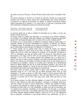 no cuenta con más de 730 casos, y Prusia, 459 por término medio anual en el período 1882-
88.
Las mismas relaciones se observan en el interior de cada país. En Italia, en el mapa de los
suicidios, todo el Norte es oscuro, todo el Sur es absolutamente claro; sucede exactamente
lo contrario en el mapa de los homicidios. Si, además, se reparten las provincias italianas
según el porcentaje de los suicidios y si se busca cuál es, en cada una, el porcentaje medio
de los homicidios, el antagonismo aparece de la manera más acusada:
Primera clase De 4,1 suicids. a 30 por mill. 271,9 homicidios por mill.
Segunda clase De 30 suicids. a 88 por mill. 95,2 homicidios por mill.
La provincia donde más se mata es Calabria, 69 homicidios por un millón; y no hay otra
donde el suicidio sea tan raro.
En Francia, donde se cometen más homicidios, es en Córcega, en los Pirineos Orientales,
en la Lozere y en l’Ardeche. Ahora bien, respecto a los suicidios, Córcega pasa del primer
puesto al 85°, los Pirineos Orientales al 63°, le Lorere al 83º, y, en fin, l’Ardeche, al 68º57
.
En Austria, es en el Austria inferior, en Bohemia y en Moravia, donde el suicidio, llega a su
máximum, mientras que está poco desarrollado en la Carniola y la Dalmacia. Al contrario,
la Dalmacia cuenta 79 homicidios por un millón de habitantes, y la Carniola, 57,4, mientras
que el Austria inferior no tiene más que 14, la Bohemia 11 y la Moravia 15.
3° Hemos sentado que las guerras tienen sobre la marcha del suicidio una influencia
deprimente. Producen el mismo efecto en los robos, las estafas, los abusos de confianza,
etcétera. Pero hay un crimen que constituye la excepción. Es el homicidio. En Francia, en
1870, los homicidios, que eran por término medio 119 durante los años 1866-69, pasan
bruscamente a 133, luego a 224 en 1871, con un aumento de 88 por 10058
, para volver a
descender a 162 en 1872. Este aumento parecerá más importante aun si se piensa que la
edad en que más se matan es hacia la treintena y que toda la juventud estaba entonces en el
ejército. Los crímenes, que ella hubiese cometida en tiempo de paz no han entrado, pues, en
los cálculos de la estadística. Además, no es dudoso que el desorden de la administración
judicial ha debido impedir que más de un crimen permanezca ignorado o que más de una
instrucción obtenga resultado. Si a pesar de esas dos causas de disminución el número de
dos homicidios iba crecido, cuan serio ha debido ser el aumento real.
Del mismo modo, en Prusia, cuando estalló la guerra contra Dinamarca, en 1864, los
homicidios pasan de 137 a 169, nivel que no habían alcanzado desde 1854; en 1865
descienden a 153, pero se elevan en 1866 (159), aunque el ejército prusiano había sido
movilizado. En 1870 se comprueba, respecto a 1869, una ligera baja (151 casos en vez de
185), que se acentúa, aún en 1871 (136 casos), pero, ¡cuán menar que para los otros
crímenes!
En el mismo momento, los robos calificados bajaban a la mitad, 4.599 en 1870, en vez de
8.676 en 1864. Además, en estas cifras homicidios y asesinatos, se confunden; ahora bien,
estos dos crímenes no tienen la misma significación, y sabemos que, también en Francia,
los primeros sólo aumentan en tiempo de guerra. Así, pues, si la disminución total de los
homicidios de todas clases no es más considerable, se puede creer que los homicidios, una
vez aislados de los asesinatos, manifiestan un alza importante. Por otra parte, si se pudiesen
reintegrar todos los casos que se han debido omitir por las dos causas señaladas más arriba,
esta misma regresión aparente quedaría reducida a poca cosa. En fin, es muy significativa
que los homicidios involuntarios se han elevada entonces muy notablemente, de 269 en
 