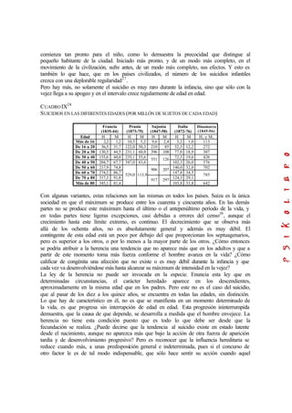 comienza tan pronto para el niño, como lo demuestra la precocidad que distingue al
pequeño habitante de la ciudad. Iniciado más pronto, y de un modo más completo, en el
movimiento de la civilización, sufre antes, de un modo más completo, sus efectos. Y esto es
también lo que hace, que en los países civilizados, el número de los suicidios infantiles
crezca con una deplorable regularidad27
.
Pero hay más, no solamente el suicidio es muy raro durante la infancia, sino que sólo con la
vejez llega a su apogeo y en el intervalo crece regularmente de edad en edad.
CUADROIX28
SUICIDIOS EN LAS DIFERENTES EDADES (POR MILLÓN DE SUJETOS DE CADA EDAD)
Francia
(1835-44)
Prusia
(1873-75)
Sajonia
(1847-58)
Italia
(1872-76)
Dinamarca
(1845-56)
Edad H M H M H M H M H, y M,
Más de 16 2,2 1,2 10,5 3,2 9,6 2,4 3,2 1,0 113
De 16 a 20 56,5 31,7 122,0 50,3 210 85 32,3 12,2 272
De 20 a 30 130,5 44,5 231,1 60,8 396 108 77,0 18,9 307
De 30 a 40 155,6 44,0 235,1 55,6 72,3 19,6 426
De 40 a 50 204,7 67,7 347,0 61,6
551 126
102,3 26,0 576
De 50 a 60 217,9 74,8 140,0 32,0 702
De 60 a 70 274,2 86,7
906 207
147,8 34,5
De 70 a 80 317,3 91,8 124,3 29,1
785
Más de 80 345,1 81,4
529,0 113,9
917 297
103,8 33,8 642
Con algunas variantes, estas relaciones son las mismas en todos los países. Suiza es la única
sociedad en que el máximum se produce entre los cuarenta y cincuenta años. En las demás
partes no se produce este máximum hasta el último o el antepenúltimo período de la vida, y
en todas partes tiene ligeras excepciones, casi debidas a errores del censo29
, aunque el
crecimiento hasta este límite extremo, es continuo. El decrecimiento que se observa más
allá de los ochenta años, no es absolutamente general y además es muy débil. El
contingente de esta edad está un poco por debajo del que proporcionan los septuagenarios,
pero es superior a los otros, o por lo menos a la mayor parte de los otros. ¿Cómo entonces
se podría atribuir a la herencia una tendencia que no aparece más que en los adultos y que a
partir de este momento toma más fuerza conforme el hombre avanza en la vida? ¿Cómo
calificar de congénita una afección que no existe o es muy débil durante la infancia y que
cada vez va desenvolviéndose más hasta alcanzar su máximum de intensidad en la vejez?
La ley de la herencia no puede ser invocada en la especie. Enuncia esta ley que en
determinadas circunstancias, el carácter heredado aparece en los descendientes,
aproximadamente en la misma edad que en los padres. Pero este no es el caso del suicidio,
que al pasar de los diez a los quince años, se encuentra en todas las edades, sin distinción.
Lo que hay de característico en él, no es que se manifiesta en un momento determinado de
la vida, es que progresa sin interrupción de edad en edad. Esta progresión ininterrumpida
demuestra, que la causa de que depende, se desarrolla a medida que el hombre envejece. La
herencia no tiene esta condición puesto que es todo lo que debe ser desde que la
fecundación se realiza. ¿Puede decirse que la tendencia al suicidio existe en estado latente
desde el nacimiento, aunque no aparezca más que bajo la acción de otra fuerza de aparición
tardía y de desenvolvimiento progresivo? Pero es reconocer que la influencia hereditaria se
reduce cuando más, a unas predisposición general e indeterminada, pues si el concurso de
otro factor le es de tal modo indispensable, que sólo hace sentir su acción cuando aquel
 