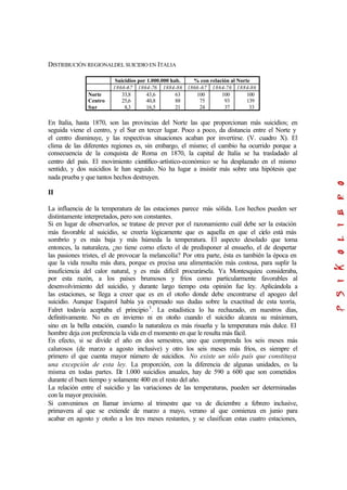 DISTRIBUCIÓN REGIONALDEL SUICIDIO EN ITALIA
Suicidios por 1.000.000 hab. % con relación al Norte
1866-67 1864-76 1884-86 1866-67 1864-76 1884-86
Norte
Centro
Sur
33,8
25,6
8,3
43,6
40,8
16,5
63
88
21
100
75
24
100
93
37
100
139
33
En Italia, hasta 1870, son las provincias del Norte las que proporcionan más suicidios; en
seguida viene el centro, y el Sur en tercer lugar. Poco a poco, da distancia entre el Norte y
el centro disminuye, y las respectivas situaciones acaban por invertirse. (V. cuadro X). El
clima de las diferentes regiones es, sin embargo, el mismo; el cambio ha ocurrido porque a
consecuencia de la conquista de Roma en 1870, la capital de Italia se ha trasladado al
centro del país. El movimiento científico-artístico-económico se ha desplazado en el mismo
sentido, y dos suicidios le han seguido. No ha lugar a insistir más sobre una hipótesis que
nada prueba y que tantos hechos destruyen.
II
La influencia de la temperatura de las estaciones parece más sólida. Los hechos pueden ser
distintamente interpretados, pero son constantes.
Si en lugar de observarlos, se tratase de prever por el razonamiento cuál debe ser la estación
más favorable al suicidio, se creería lógicamente que es aquella en que el cielo está más
sombrío y es más baja y más húmeda la temperatura. El aspecto desolado que toma
entonces, la naturaleza, ¿no tiene como efecto el de predisponer al ensueño, el de despertar
las pasiones tristes, el de provocar la melancolía? Por otra parte, ésta es también la época en
que la vida resulta más dura, porque es precisa una alimentación más costosa, para suplir la
insuficiencia del calor natural, y es más difícil procurársela. Ya Montesquieu consideraba,
por esta razón, a los países brumosos y fríos como particularmente favorables al
desenvolvimiento del suicidio, y durante largo tiempo esta opinión fue ley. Aplicándola a
las estaciones, se llega a creer que es en el otoño donde debe encontrarse el apogeo del
suicidio. Aunque Esquirol había ya expresado sus dudas sobre la exactitud de esta teoría,
Falret todavía aceptaba el principio3
. La estadística lo ha rechazado, en nuestros días,
definitivamente. No es en invierno ni en otoño cuando el suicidio alcanza su máximum,
sino en la bella estación, cuando la naturaleza es más risueña y la temperatura más dulce. El
hombre deja con preferencia la vida en el momento en que le resulta más fácil.
En efecto, si se divide el año en dos semestres, uno que comprenda los seis meses más
calurosos (de marzo a agosto inclusive) y otro los seis meses más fríos, es siempre el
primero el que cuenta mayor número de suicidios. No existe un sólo país que constituya
una excepción de esta ley. La proporción, con la diferencia de algunas unidades, es la
misma en todas partes. De 1.000 suicidios anuales, hay de 590 a 600 que son cometidos
durante el buen tiempo y solamente 400 en el resto del año.
La relación entre el suicidio y las variaciones de las temperaturas, pueden ser determinadas
con la mayor precisión.
Si convenimos en llamar invierno al trimestre que va de diciembre a febrero inclusive,
primavera al que se extiende de marzo a mayo, verano al que comienza en junio para
acabar en agosto y otoño a los tres meses restantes, y se clasifican estas cuatro estaciones,
 