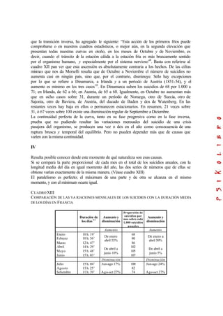 que la transición inversa, ha agregado le siguiente: “Esta acción de los primeros fríos puede
comprobarse o en nuestros cuadros estadísticos, o mejor aún, en la segunda elevación que
presentan todas nuestras curvas en otoño, en los meses de Octubre y de Noviembre, es
decir, cuando el tránsito de la estación cálida a la estación fría es más bruscamente sentido
por el organismo humano, y especialmente por el sistema nervioso”9
. Basta con referirse al
cuadro XII pan ver que esta ascensión es absolutamente contraria a los hechos. De las cifras
mismas que nos da Morselli resulta que de Octubre a Noviembre el número de suicidios no
aumenta casi en ningún país, sino que, por el contrario, disminuye. Sólo hay excepciones
por lo que se refiere a Dinamarca, a Irlanda y a un período de Austria (1851-54), y el
aumento es mínimo en los tres casos10
. En Dinamarca suben los suicidios de 68 por 1.000 a
71; en Irlanda, de 62 a 66; en Austria, de 65 a 68. Igualmente, en Octubre no aumentan más
que en ocho casos sobre 31, durante un período de Noruega, otro de Suecia, otro de
Sajonia, otro de Baviera, de Austria, del ducado de Baden y dos de Wutenberg. En las
restantes veces hay baja en ellos o permanecen estacionarios. En resumen, 21 veces sobre
31, ó 67 veces sobre 100 existe una disminución regular de Septiembre a Diciembre.
La continuidad perfecta de la curva, tanto en su fase progresiva como en la fase inversa,
prueba que no pudiendo resultar las variaciones mensuales del suicidio de una crisis
pasajera del organismo, se producen una vez o dos en el año como consecuencia de una
ruptura brusca y temporal del equilibrio. Pero no pueden depender más que de causas que
varíen con la misma continuidad.
IV
Resulta posible conocer desde este momento de qué naturaleza son esas causas.
Si se compara la parte proporcional de cada mes en el total de los suicidios anuales, con la
longitud media del día en igual momento del año, las dos series de números que de ellas se
obtiene varían exactamente de la misma manera. (Véase cuadro XIII)
El paralelismo es perfecto; el máximum de una parte y de otra se alcanza en el mismo
momento, y con el mínimum ocurre igual.
CUADROXIII
COMPARACIÓN DE LAS VA RIACIONES MENSUALES DE LOS SUICIDIOS CON LA DURACIÓN MEDIA
DE LOS DÍAS EN FRANCIA
Duración de
los días11
Aumentoy
disminución
Proporción de
suicidios por
mes sobre cada
1.000 suicidios
anuales
Aumento y
disminución
Aumento Aumento
Enero
Febrero
Marzo
Abril
Mayo
Junio
10 h. 19’
10 h. 56’
12 h. 47’
14 h. 29’
15 h. 48’
15 h. 03’
De enero
abril 55%
De abril a
junio 10%
68
80
86
102
105
107
De enero a
abril 50%
De abril a
junio 5%
Disminución Disminución
Julio
Agosto
Setiembre
15 h. 04’
13 h. 25’
11 h. 39’
Jun-ago 17%
Ago-oct 27%
100
82
74
Jun-ago 24%
Ago-oct 27%
 