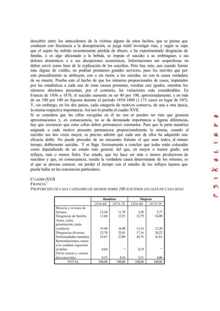 descubrir entre los antecedentes de la víctima alguno de estos hechos, que se piensa que
conducen con frecuencia a la desesperación, se juzga inútil investigar más, y según se sepa
que el sujeto ha sufrido recientemente pérdida de dinero, o ha experimentado desgracias de
familia, o es algo aficionado a la bebida, se imputa el suicidio a su embriaguez, a sus
dolores domésticos o a sus decepciones económicas. Informaciones tan sospechosas no
deben servir como base de la explicación de los suicidios. Pero hay más; aun cuando fueran
más dignas de crédito, no podrían prestamos grandes servicios, pues los móviles que por
este procedimiento se atribuyen, con o sin razón, a los suicidas, no son la causa verdadera
de su muerte. Prueba esto el hecho de que los números proporcionales de casos, imputados
por las estadísticas a cada una de estas causas presuntas, resultan casi iguales, mientras los
números absolutos presentan, por el contrario, las variaciones más considerables. En
Francia de 1856 a 1878, el suicidio aumenta en un 40 por 100, aproximadamente; y en más
de un 100 por 100 en Sajonia durante el período 1854-1880 (1.171 casos en lugar de 547).
Y, sin embargo, en los dos países, cada categoría de motivos conserva, de una a otra época,
la misma respectiva importancia. Así nos lo prueba el cuadro XVII.
Si se considera que las cifras recogidas en él no son ni pueden ser más que groseras
aproximaciones y, en consecuencia, no se da demasiada importancia a ligeras diferencias,
hay que reconocer que estas cifras deben permanecer constantes. Para que la parte numérica
asignada a cada motivo presunto permanezca proporcionalmente la misma, cuando el
suicidio sea dos veces mayor, es preciso admitir que cada uno de ellos ha adquirido una
eficacia doble. No puede proceder de un encuentro fortuito el que sean todos, al mismo
tiempo, doblemente suicidas. Y se llega forzosamente a concluir que todas están colocadas
como dependiendo de un estado más general, del que, en mayor o menor grado, son
reflejos, más o menos fieles. Ese estado, que los hace ser más o menos productoras de
suicidios y que, en consecuencia, resulta la verdadera causa determinante de los mismos, es
el que se precisa conocer, sin perder el tiempo con el estudio de los reflejos lejanos que
pueda hallar en las conciencias particulares.
CUADROXVII
FRANCIA
1
PROPORCIÓN DE CADA CATEGORÍA DE MOMOS SOBRE 100 SUICIDIOS ANUALES DE CADA SEXO.
Hombres Mujeres
1856-60 1874-78 1856-60 1874-78
Miseria y reveses de
fortuna
Desgracias de familia
Amor, celos,
prostitución, mala
conducta
Desgracias diversas
Enfermedades mentales
Remordimientos, temor
a la condena siguiente
al delito
Otras causas y causas
desconocidas
13,30
11,68
15,48
23,70
25,67
0,84
9,33
11,79
12,53
16,98
23,43
27,09
“
8,18
5,38
12,79
13,16
17,16
45,75
0,19
5,51
5,77
16,00
12,20
20,22
41,81
“
4,00
TOTAL 100,00 100,00 100,00 100,00
 