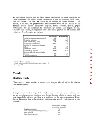 Sin preocupamos de saber bajo qué forma pueden traducirse en los sujetos particulares las
causas productoras del suicidio, vamos directamente a tratar de determinar estas causas.
Para ello, dejando a un lado, por decirlo así, al individuo en cuanto individuo, a sus
motivos, a sus ideas, nos preguntaremos inmediatamente cuáles son los estados de los
diferentes medios sociales (confesiones religiosas, familia, sociedad, política, grupos
profesionales, etc.) que determinan las variaciones del suicidio. Sólo después de esto,
volviendo a los sujetos, investigaremos cómo esas causas generales se individualizan para
producir los efectos homicidas que implican.
Agricultura Prof. liberales
Pérdida de empleo, reveses de miseria
Desgracias de familia
Amor contrariados y celos
Alcoholismo y embriaguez
Suicidios de autores de crímenes o
delitos
Sufrimientos físicos
Enfermedades mentales
Disgusto de la vida, contrariedades
diversas
Causas desconocidas
8,15
14,45
1,48
13,25
4,09
15,91
35,80
2,93
3,96
8,87
13,14
2,01
6,41
4,73
19,89
34,04
4,94
5,97
1
Tomado de Legoyt, pág. 342.
2
Tomado de Oettingen, Moralstatistik, cuadros anejos; página 110.
3
Ob. cit., pág. 358.
Capítulo II
El suicidio egoísta
Observemos, en primer término, la manera como influyen sobre el suicidio las diversas
confesiones religiosas.
I
Si dirigimos una mirada al mapa de los suicidios europeos, reconoceremos a primera vista
que en los países puramente católicos, como España, Portugal e Italia, el suicidio está muy
poco desarrollado, mientras que llega a su máximum en los países protestantes: Prusia,
Sajonia, Dinamarca. Las medias siguientes, calculadas por Morselli, confirman este primer
resultado:
Medias de suicidios por
un millón de habitantes
Estados protestantes 190
Ídem mixtos (protestantes y católicos) 96
Ídem católicos 58
Ídem católicos griegos 40
 