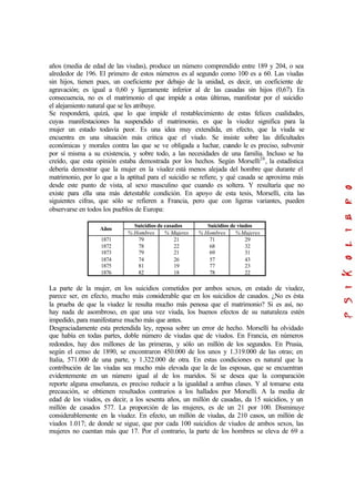 años (media de edad de las viudas), produce un número comprendido entre 189 y 204, o sea
alrededor de 196. El primero de estos números es al segundo como 100 es a 60. Las viudas
sin hijos, tienen pues, un coeficiente por debajo de la unidad, es decir, un coeficiente de
agravación; es igual a 0,60 y ligeramente inferior al de las casadas sin hijos (0,67). En
consecuencia, no es el matrimonio el que impide a estas últimas, manifestar por el suicidio
el alejamiento natural que se les atribuye.
Se responderá, quizá, que lo que impide el restablecimiento de estas felices cualidades,
cuyas manifestaciones ha suspendido el matrimonio, es que la viudez significa para la
mujer un estado todavía peor. Es una idea muy extendida, en efecto, que la viuda se
encuentra en una situación más critica que el viudo. Se insiste sobre las dificultades
económicas y morales contra las que se ve obligada a luchar, cuando le es preciso, subvenir
por sí misma a su existencia, y sobre todo, a las necesidades de una familia. Incluso se ha
creído, que esta opinión estaba demostrada por los hechos. Según Morselli26
, la estadística
debería demostrar que la mujer en la viudez está menos alejada del hombre que durante el
matrimonio, por lo que a la aptitud para el suicidio se refiere, y qué casada se aproxima más
desde este punto de vista, al sexo masculino que cuando es soltera. Y resultaría que no
existe para ella una más detestable condición. En apoyo de esta tesis, Morselli, cita las
siguientes cifras, que sólo se refieren a Francia, pero que con ligeras variantes, pueden
observarse en todos los pueblos de Europa:
Suicidios de casados Suicidios de viudos
Años
% Hombres % Mujeres % Hombres % Mujeres
1871
1872
1873
1874
1875
1876
79
78
79
74
81
82
21
22
21
26
19
18
71
68
69
57
77
78
29
32
31
43
23
22
La parte de la mujer, en los suicidios cometidos por ambos sexos, en estado de viudez,
parece ser, en efecto, mucho más considerable que en los suicidios de casados. ¿No es ésta
la prueba de que la viudez le resulta mucho más penosa que el matrimonio? Si es así, no
hay nada de asombroso, en que una vez viuda, los buenos efectos de su naturaleza estén
impedido, para manifestarse mucho más que antes.
Desgraciadamente esta pretendida ley, reposa sobre un error de hecho. Morselli ha olvidado
que había en todas partes, doble número de viudas que de viudos. En Francia, en números
redondos, hay dos millones de las primeras, y sólo un millón de los segundos. En Prusia,
según el censo de 1890, se encontraron 450.000 de los unos y 1.319.000 de las otras; en
Italia, 571.000 de una parte, y 1.322.000 de otra. En estas condiciones es natural que la
contribución de las viudas sea mucho más elevada que la de las esposas, que se encuentran
evidentemente en un número igual al de los maridos. Si se desea que la comparación
reporte alguna enseñanza, es preciso reducir a la igualdad a ambas clases. Y al tomarse esta
precaución, se obtienen resultados contrarios a los hallados por Morselli. A la media de
edad de los viudos, es decir, a los sesenta años, un millón de casadas, da 15 suicidios, y un
millón de casados 577. La proporción de las mujeres, es de un 21 por 100. Disminuye
considerablemente en la viudez. En efecto, un millón de viudas, da 210 casos, un millón de
viudos 1.017; de donde se sigue, que por cada 100 suicidios de viudos de ambos sexos, las
mujeres no cuentan más que 17. Por el contrario, la parte de los hombres se eleva de 69 a
 