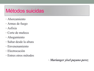 Métodos suicidas
• Ahorcamiento
• Armas de fuego
• Asfixia
• Corte de muñeca
• Ahogamiento
• Saltar desde la altura
• Envenenamiento
• Electrocución
• Entres otros métodos
• Marianger yisel payano perez
 