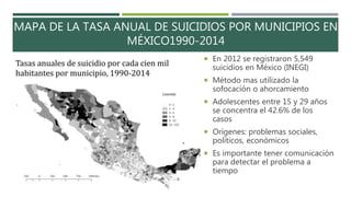 MAPA DE LA TASA ANUAL DE SUICIDIOS POR MUNICIPIOS EN
MÉXICO1990-2014
 En 2012 se registraron 5,549
suicidios en México (INEGI)
 Método mas utilizado la
sofocación o ahorcamiento
 Adolescentes entre 15 y 29 años
se concentra el 42.6% de los
casos
 Orígenes: problemas sociales,
políticos, económicos
 Es importante tener comunicación
para detectar el problema a
tiempo
 