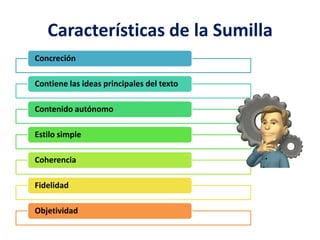 Características de la Sumilla
Concreción

Contiene las ideas principales del texto

Contenido autónomo

Estilo simple

Coherencia

Fidelidad

Objetividad
 