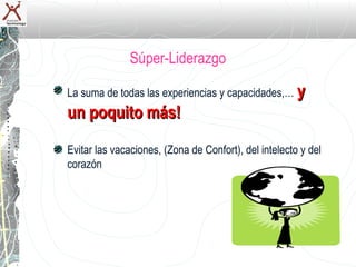 Súper-Liderazgo

La suma de todas las experiencias y capacidades,… y
un poquito más!

Evitar las vacaciones, (Zona de Confort), del intelecto y del
corazón
 