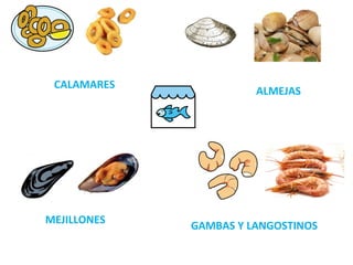 CALAMARES
ALMEJAS
MEJILLONES
GAMBAS Y LANGOSTINOS
 