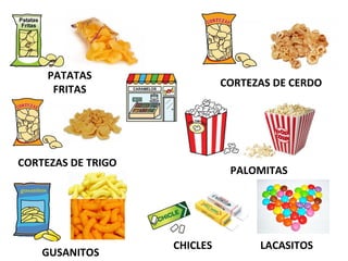 PATATAS
FRITAS
CORTEZAS DE CERDO
CORTEZAS DE TRIGO
PALOMITAS
GUSANITOS
CHICLES LACASITOS
 