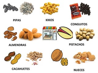 PIPAS KIKOS
CONGUITOS
ALMENDRAS PISTACHOS
CACAHUETES NUECES
 
