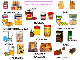DULCES Y CONFITURAS
MERMELADA
NOCILLA
MELOCOTÓN EN ALMIBAR PIÑA EN ALMIBAR
COLACAO
AZÚCAR
CHOCOLATE
BOLLOS Y
GALLETAS
MIEL
CAFÉ
CEREALES
 